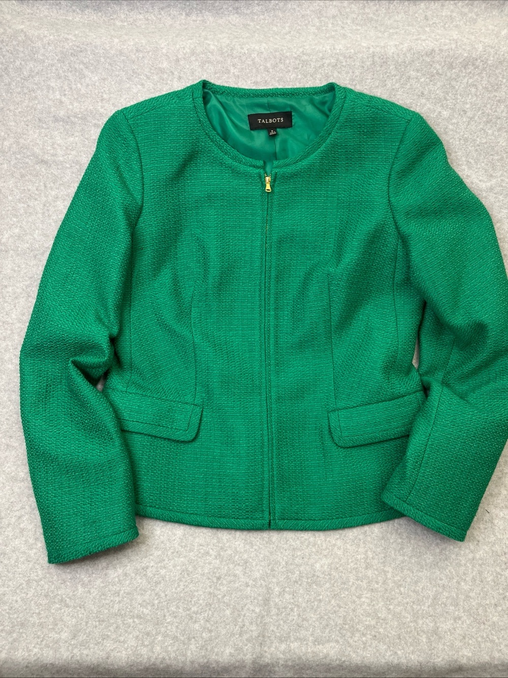 Talbots Emerald Green textured Women’s Blazer Jacket Zipper Gold Size 6 Preppy